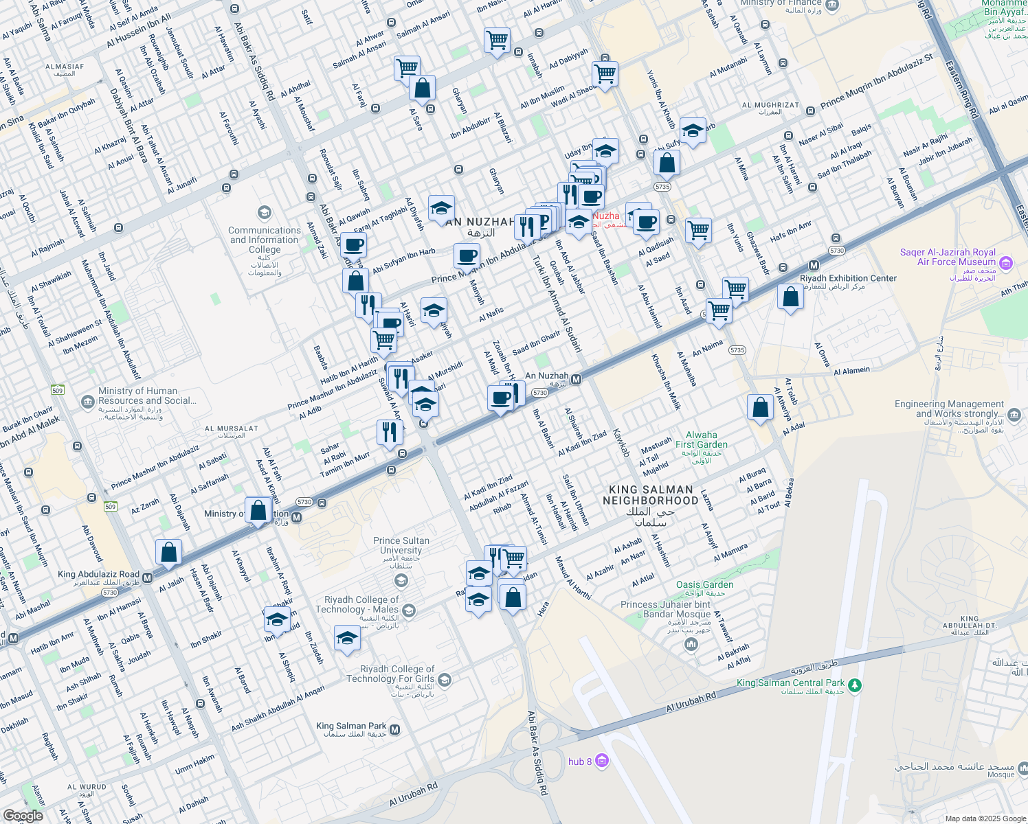 map of restaurants, bars, coffee shops, grocery stores, and more near 11322 King Abdullah Branch Road in Riyadh
