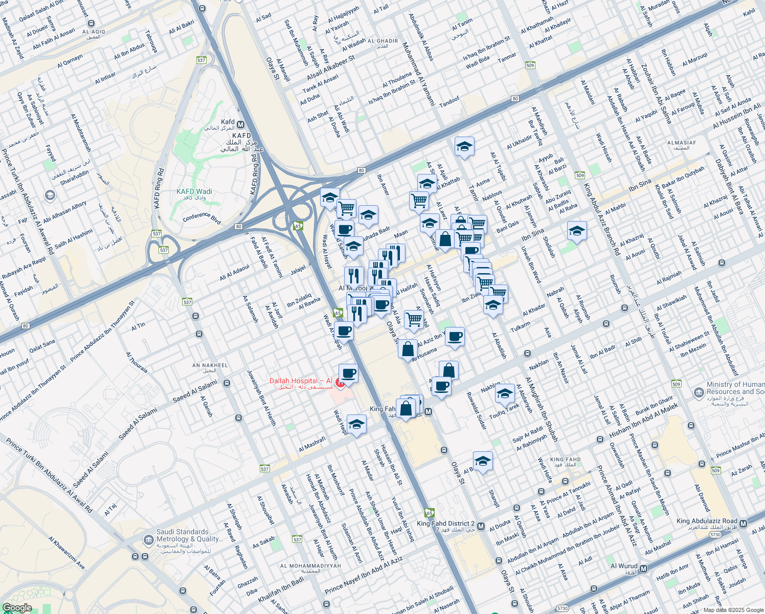 map of restaurants, bars, coffee shops, grocery stores, and more near 8898 Olaya Street in Riyadh