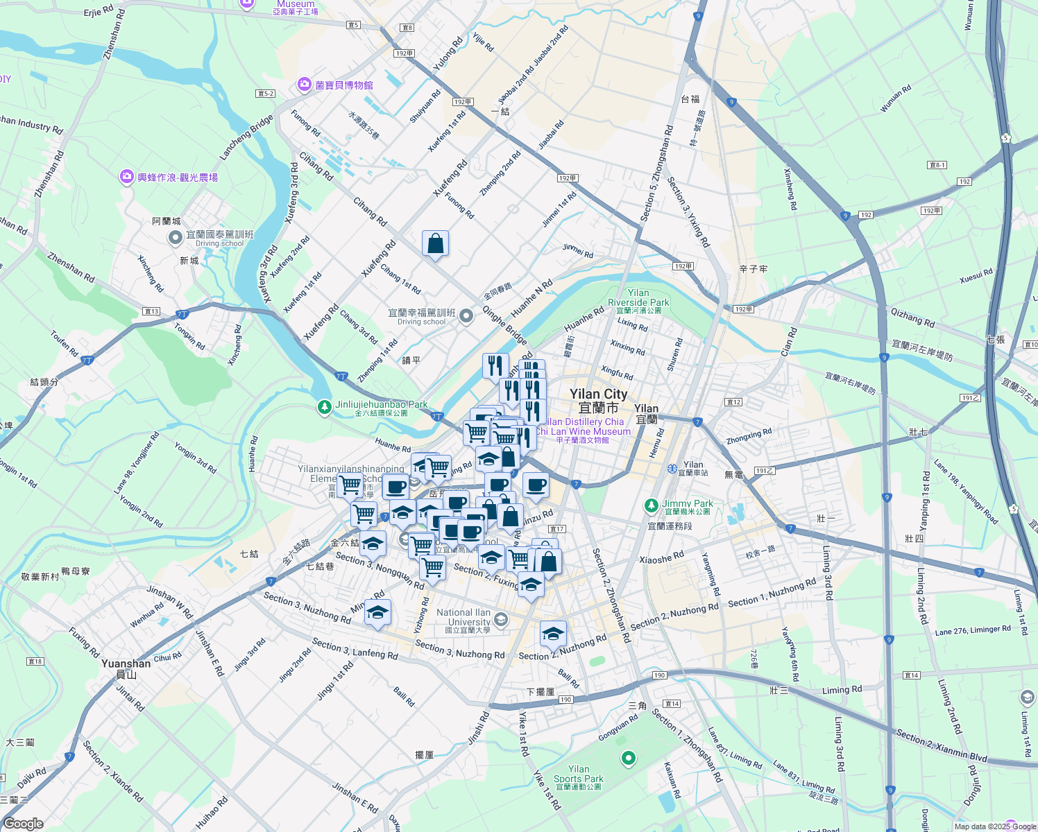 map of restaurants, bars, coffee shops, grocery stores, and more near Wenchang Road in Yilan City
