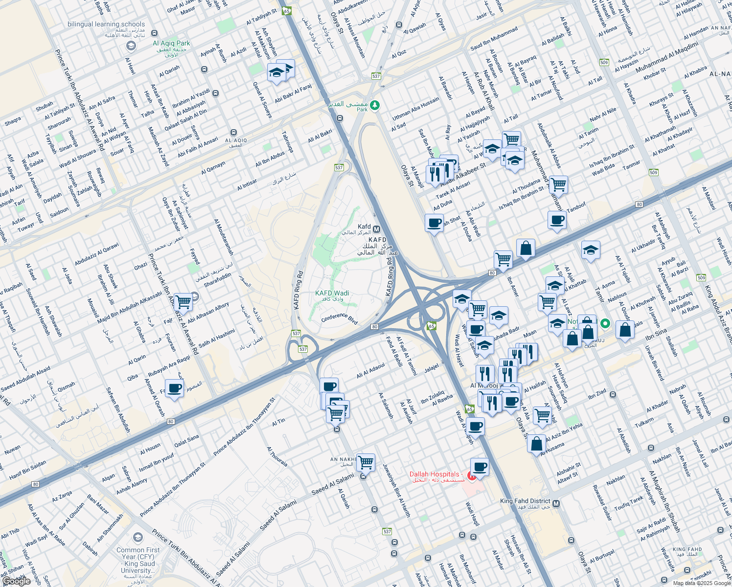 map of restaurants, bars, coffee shops, grocery stores, and more near Financial Boulevard in Riyadh