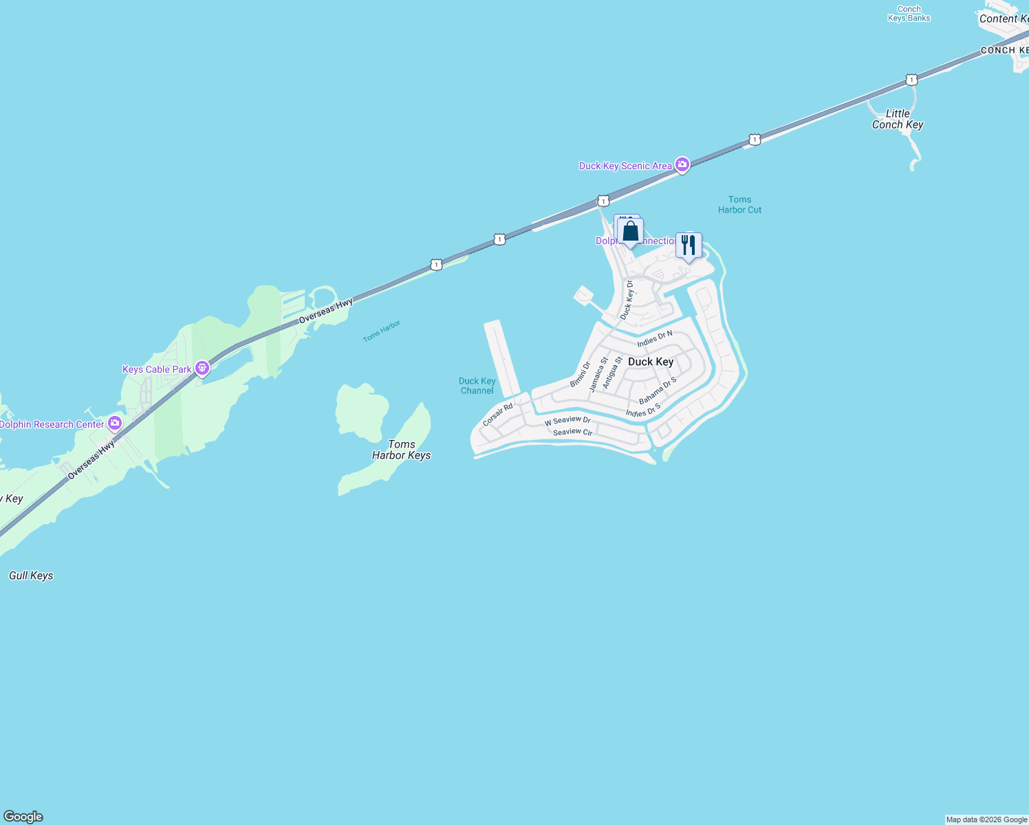 map of restaurants, bars, coffee shops, grocery stores, and more near 211 Schooner Lane in Duck Key