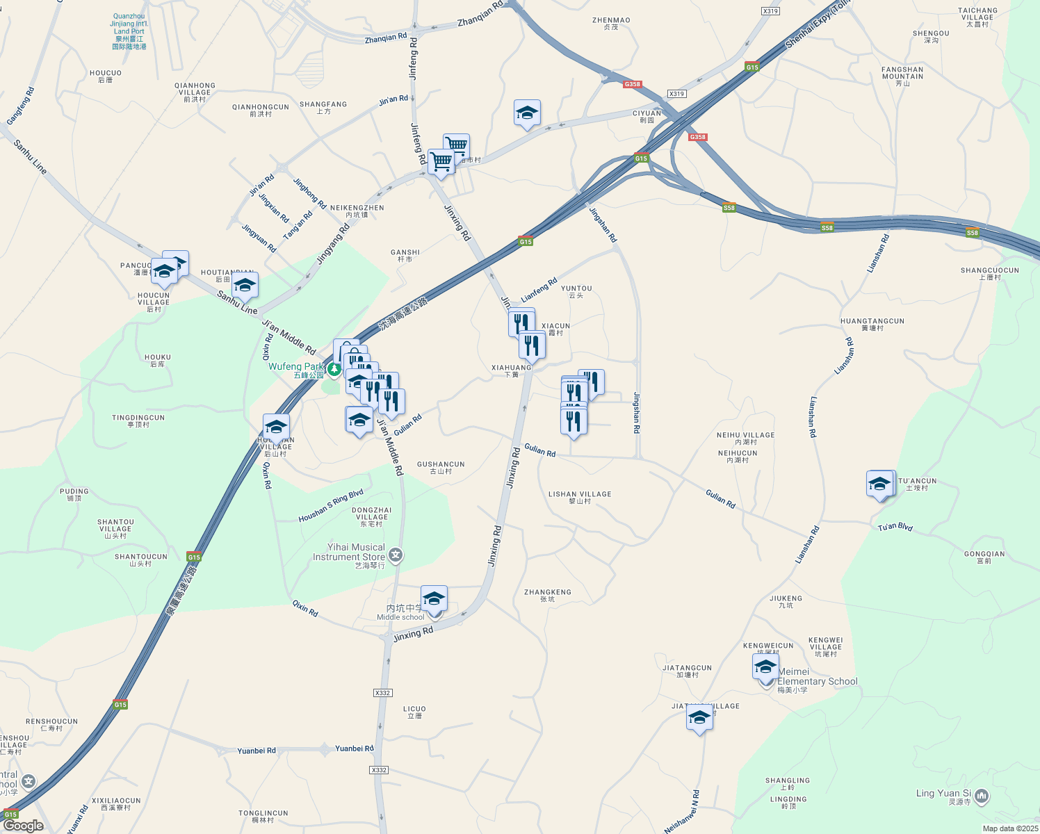 map of restaurants, bars, coffee shops, grocery stores, and more near Jin Xing Lu in Quan Zhou Shi