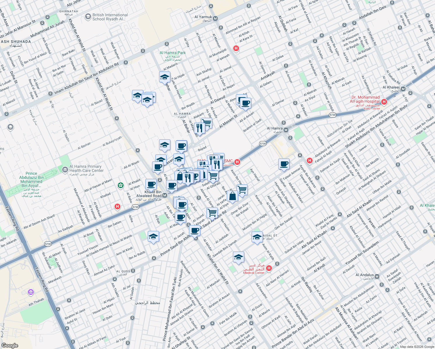 map of restaurants, bars, coffee shops, grocery stores, and more near King Abdullah Road in Riyadh