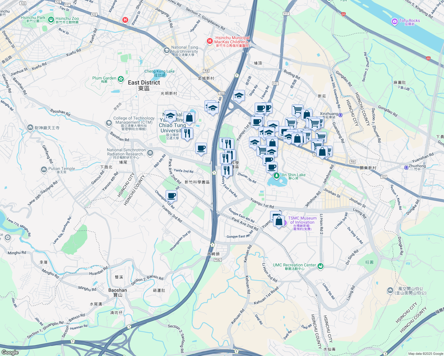 map of restaurants, bars, coffee shops, grocery stores, and more near in Hsinchu City
