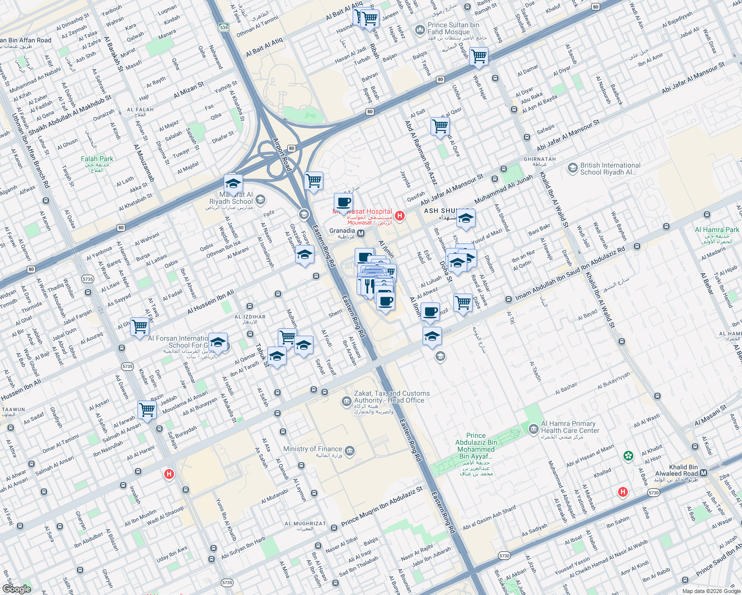 map of restaurants, bars, coffee shops, grocery stores, and more near in Riyadh