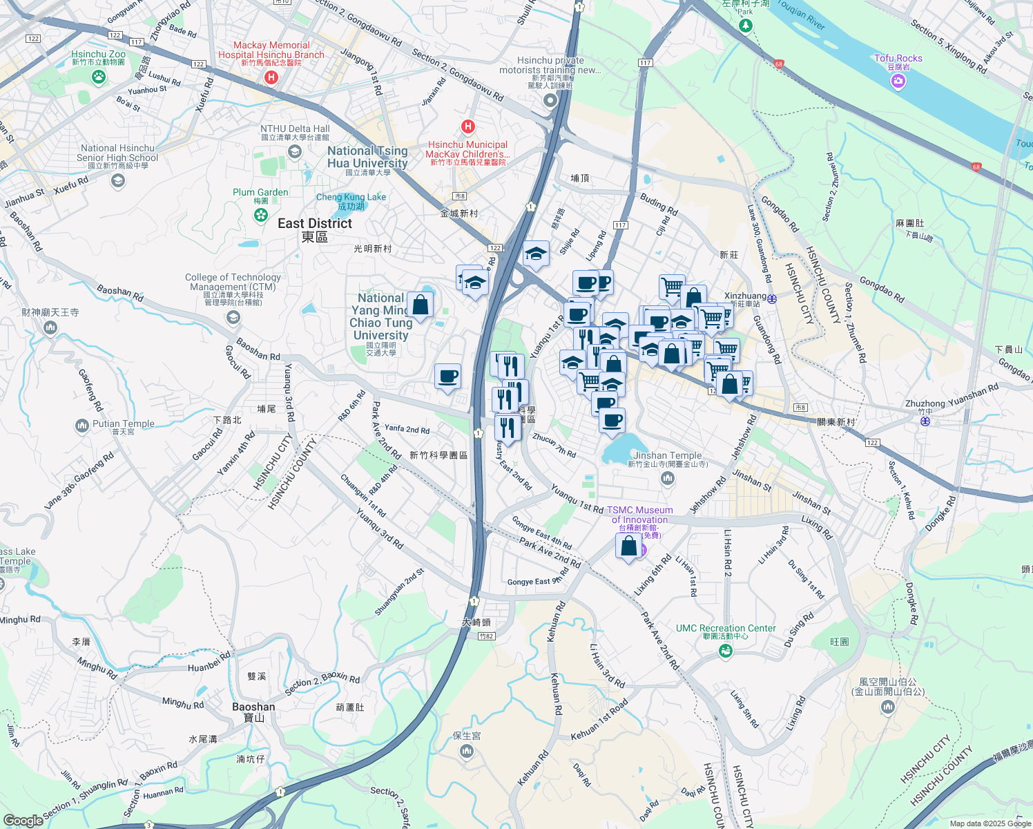 map of restaurants, bars, coffee shops, grocery stores, and more near 2 Hsin Ann Road in East District