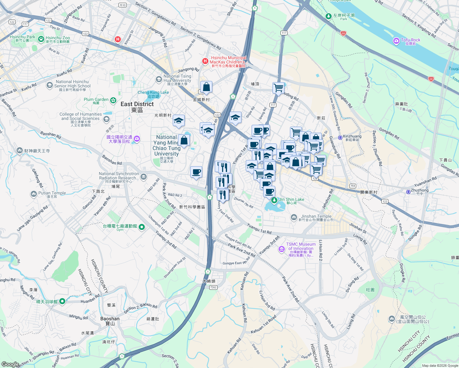 map of restaurants, bars, coffee shops, grocery stores, and more near 2 Hsin Ann Road in East District