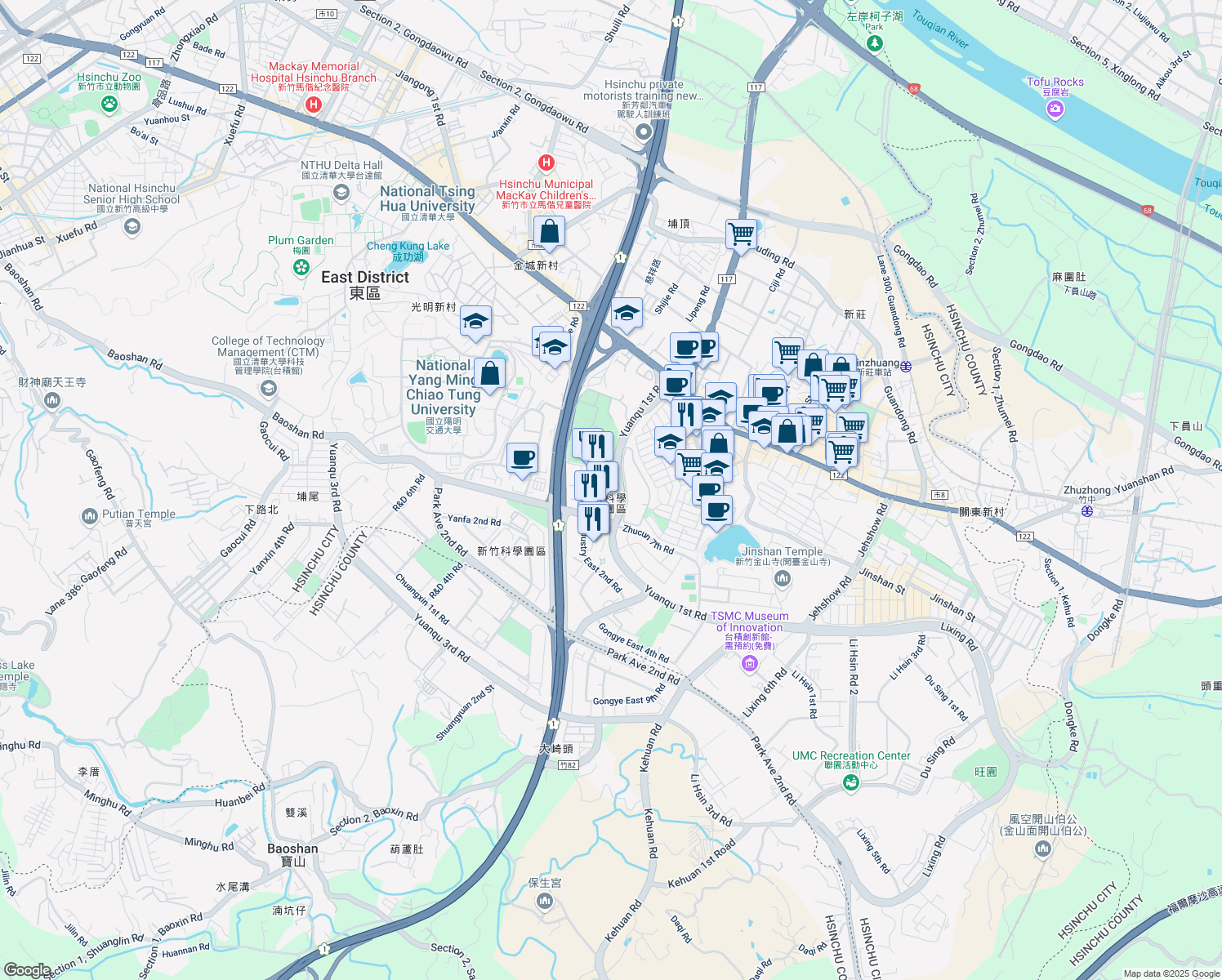 map of restaurants, bars, coffee shops, grocery stores, and more near 2 Hsin Ann Road in East District