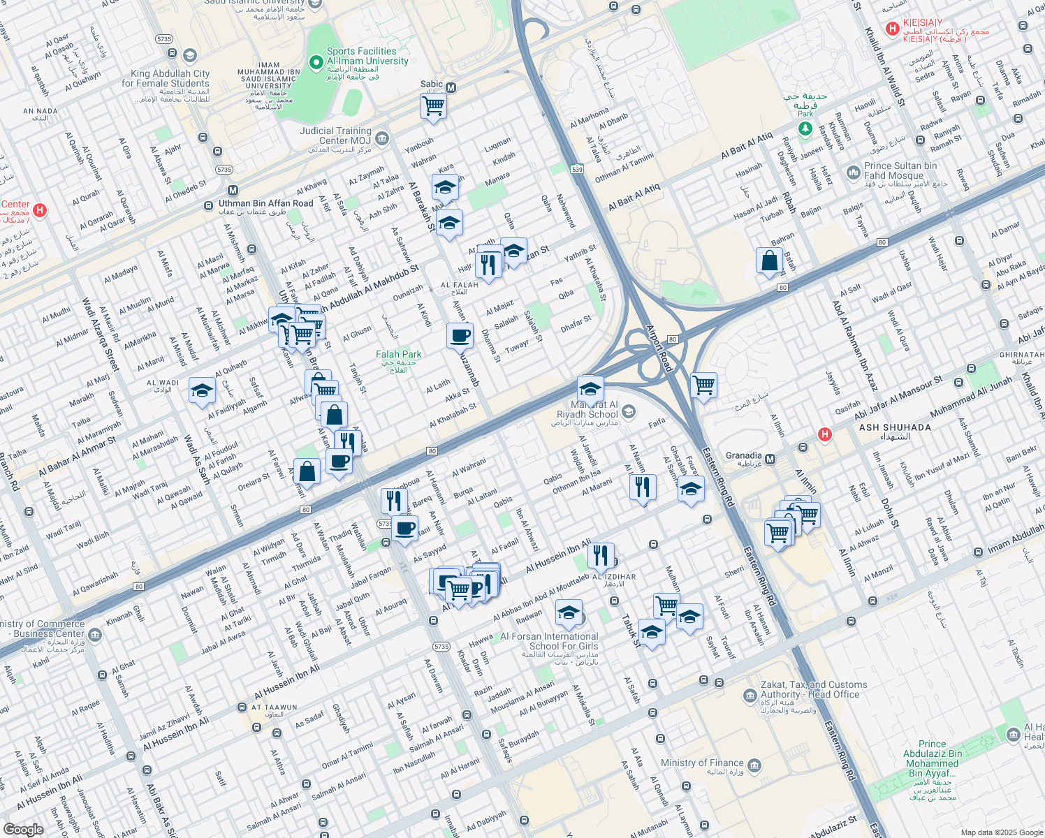 map of restaurants, bars, coffee shops, grocery stores, and more near Northern Ring Branch Road in Riyadh