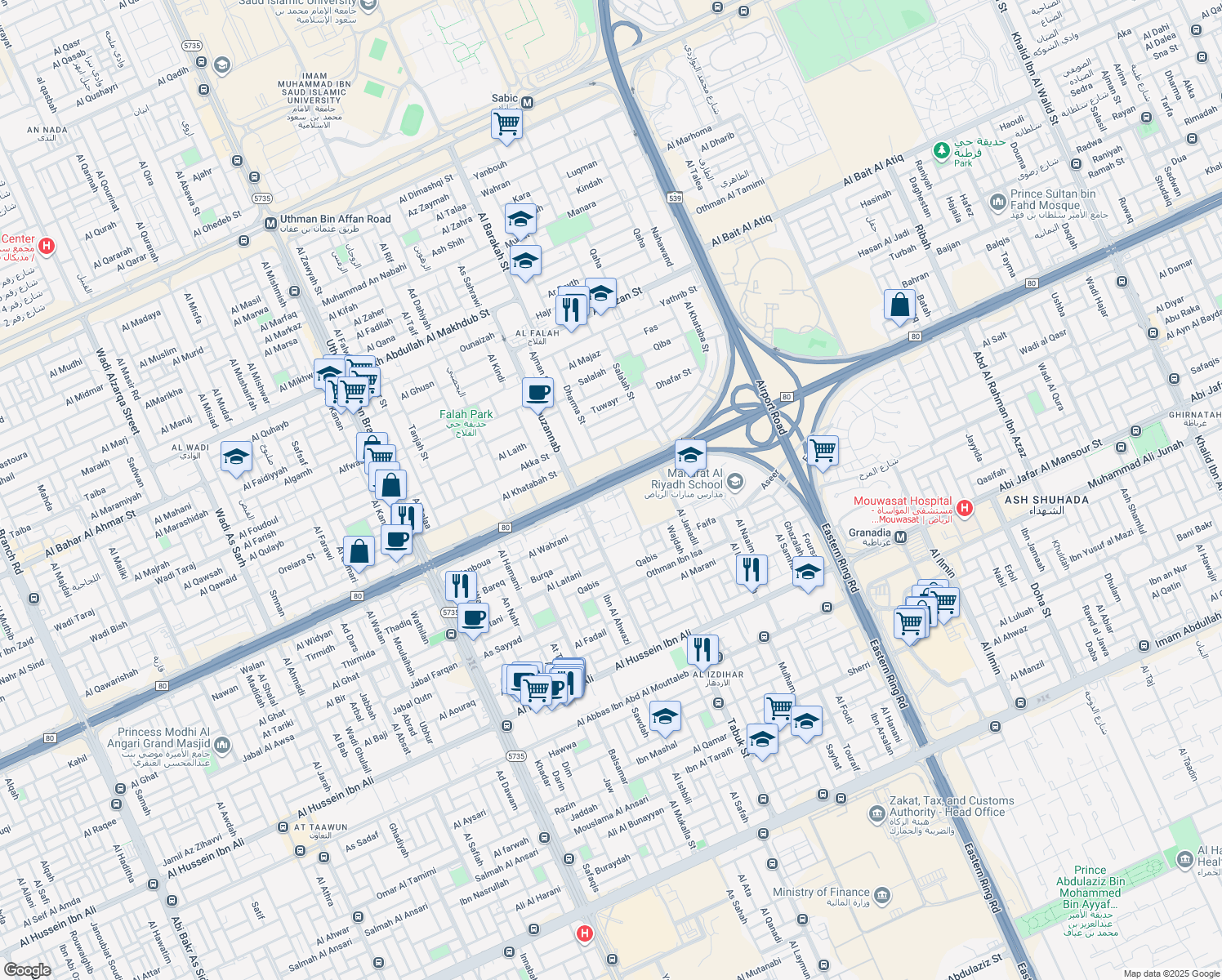 map of restaurants, bars, coffee shops, grocery stores, and more near Northern Ring Branch Road in Riyadh