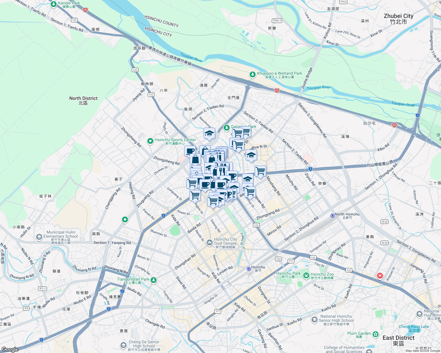 map of restaurants, bars, coffee shops, grocery stores, and more near in Hsinchu City