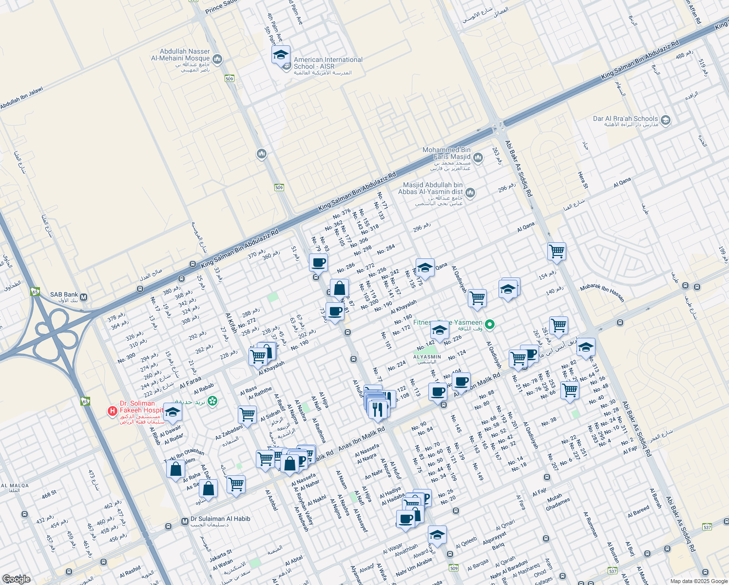 map of restaurants, bars, coffee shops, grocery stores, and more near No. 103 in Riyadh
