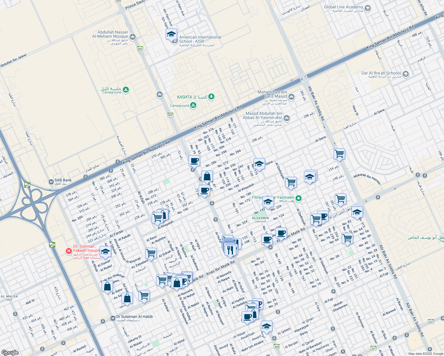 map of restaurants, bars, coffee shops, grocery stores, and more near No. 103 in Riyadh