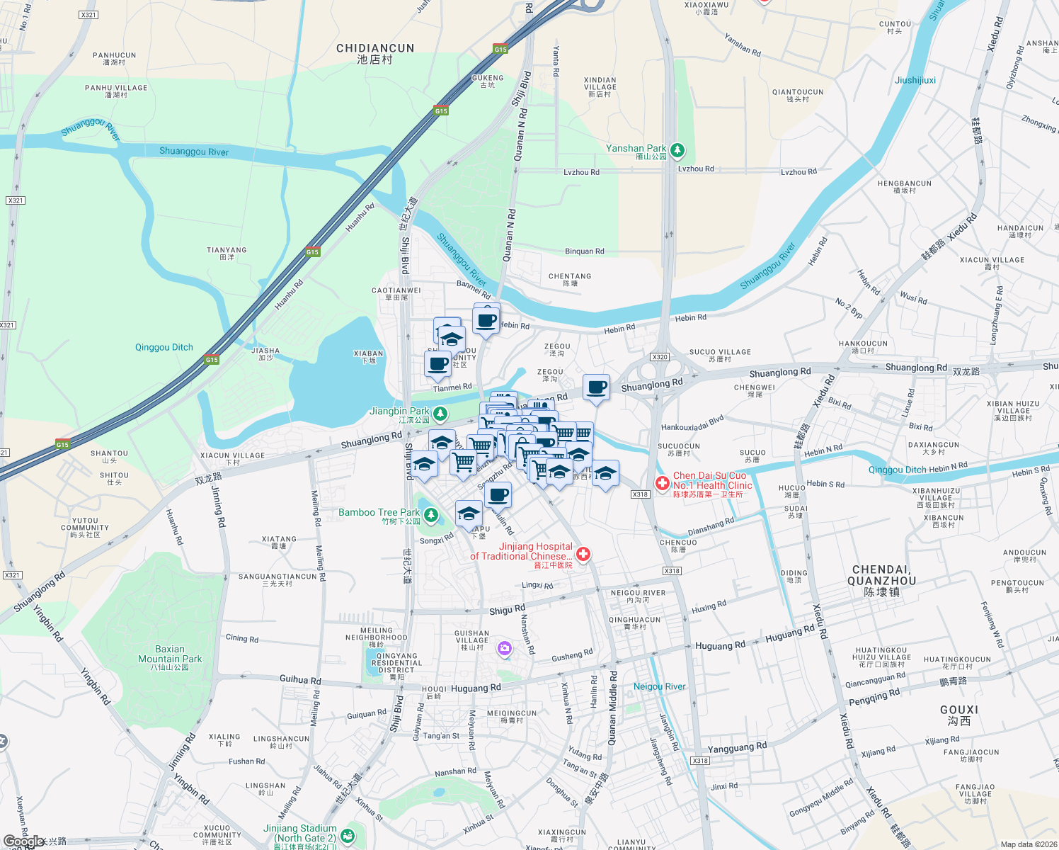 map of restaurants, bars, coffee shops, grocery stores, and more near He Ping Lu in Quanzhou Shi