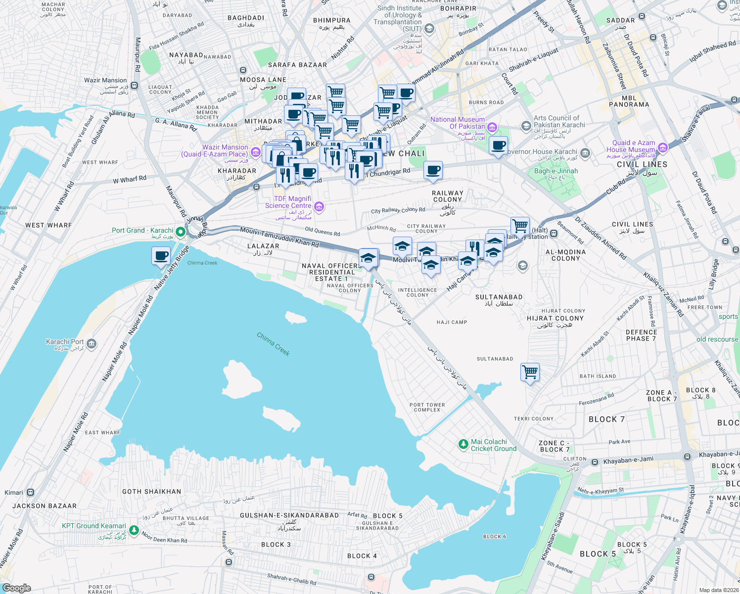 map of restaurants, bars, coffee shops, grocery stores, and more near Mai Kolachi Road in Karachi