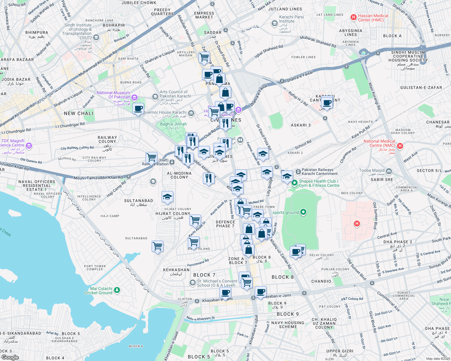 map of restaurants, bars, coffee shops, grocery stores, and more near Claremont Road in Karachi