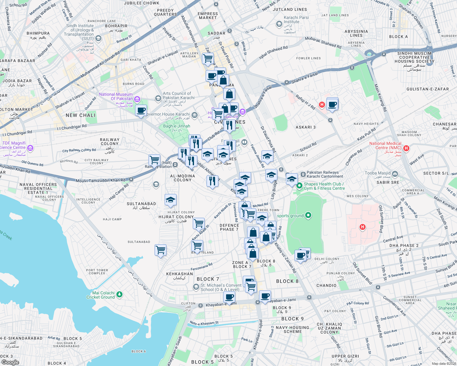 map of restaurants, bars, coffee shops, grocery stores, and more near Claremont Road in Karachi