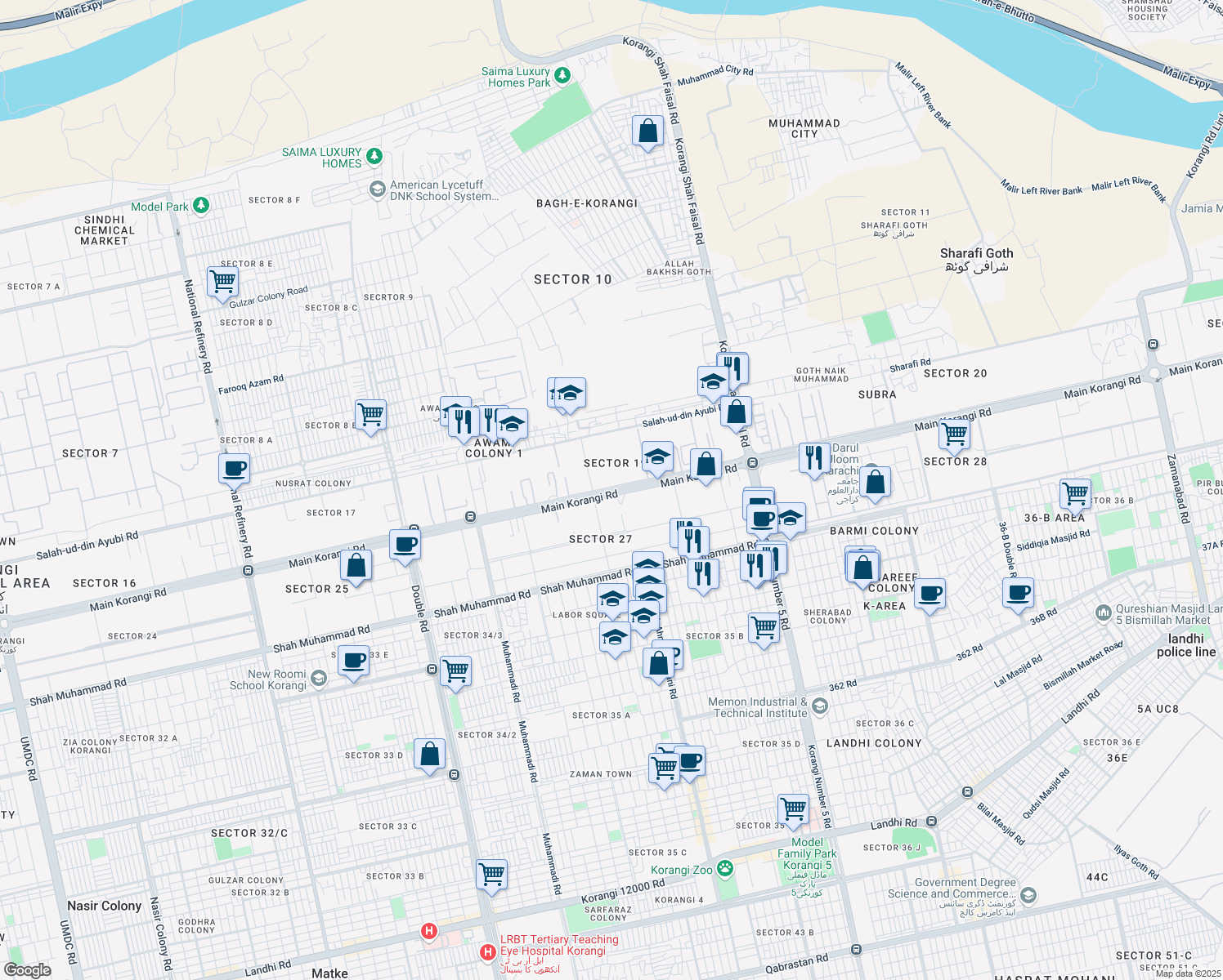 map of restaurants, bars, coffee shops, grocery stores, and more near Korangi Road in Karachi