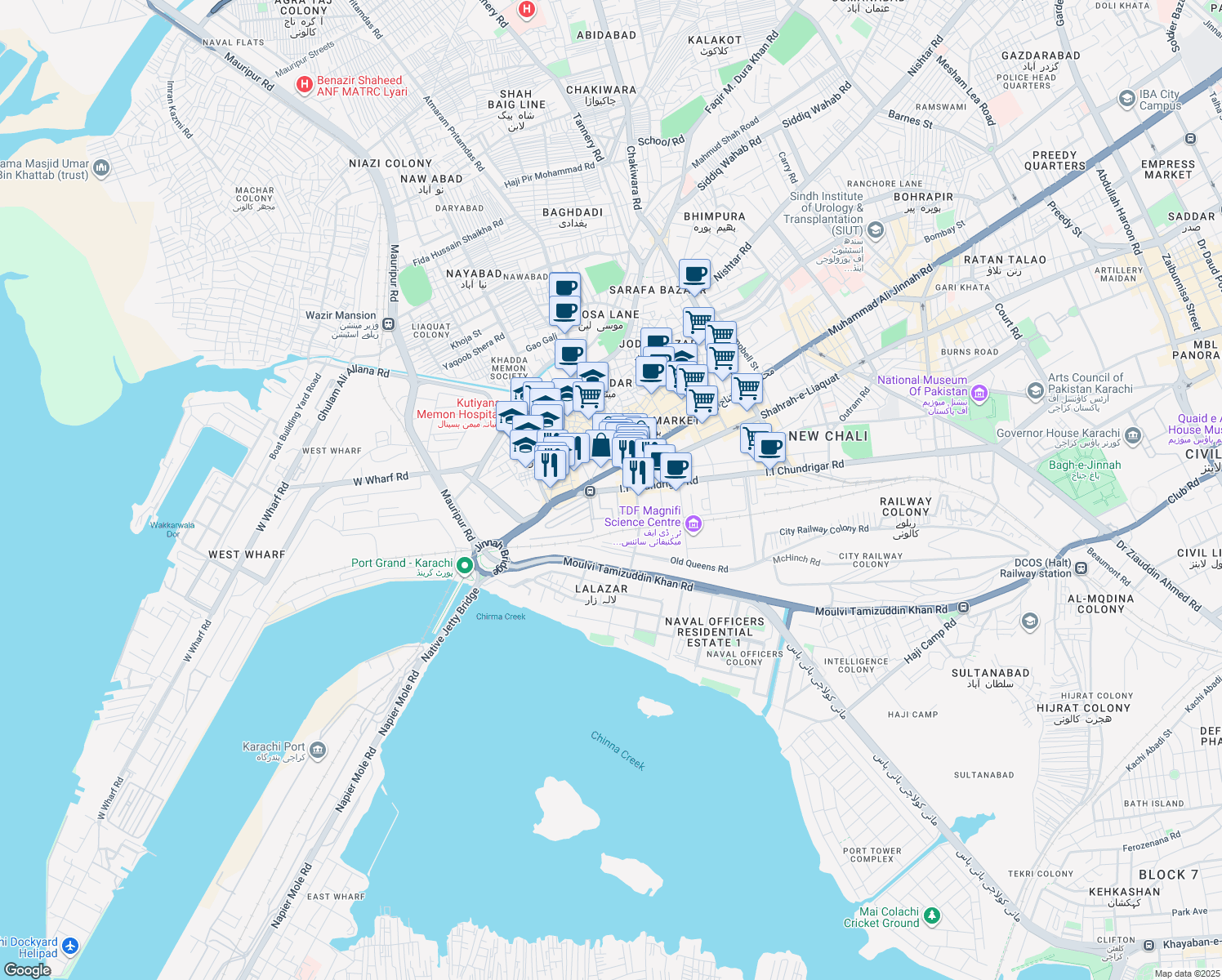 map of restaurants, bars, coffee shops, grocery stores, and more near I.I Chundrigar Road in Karachi