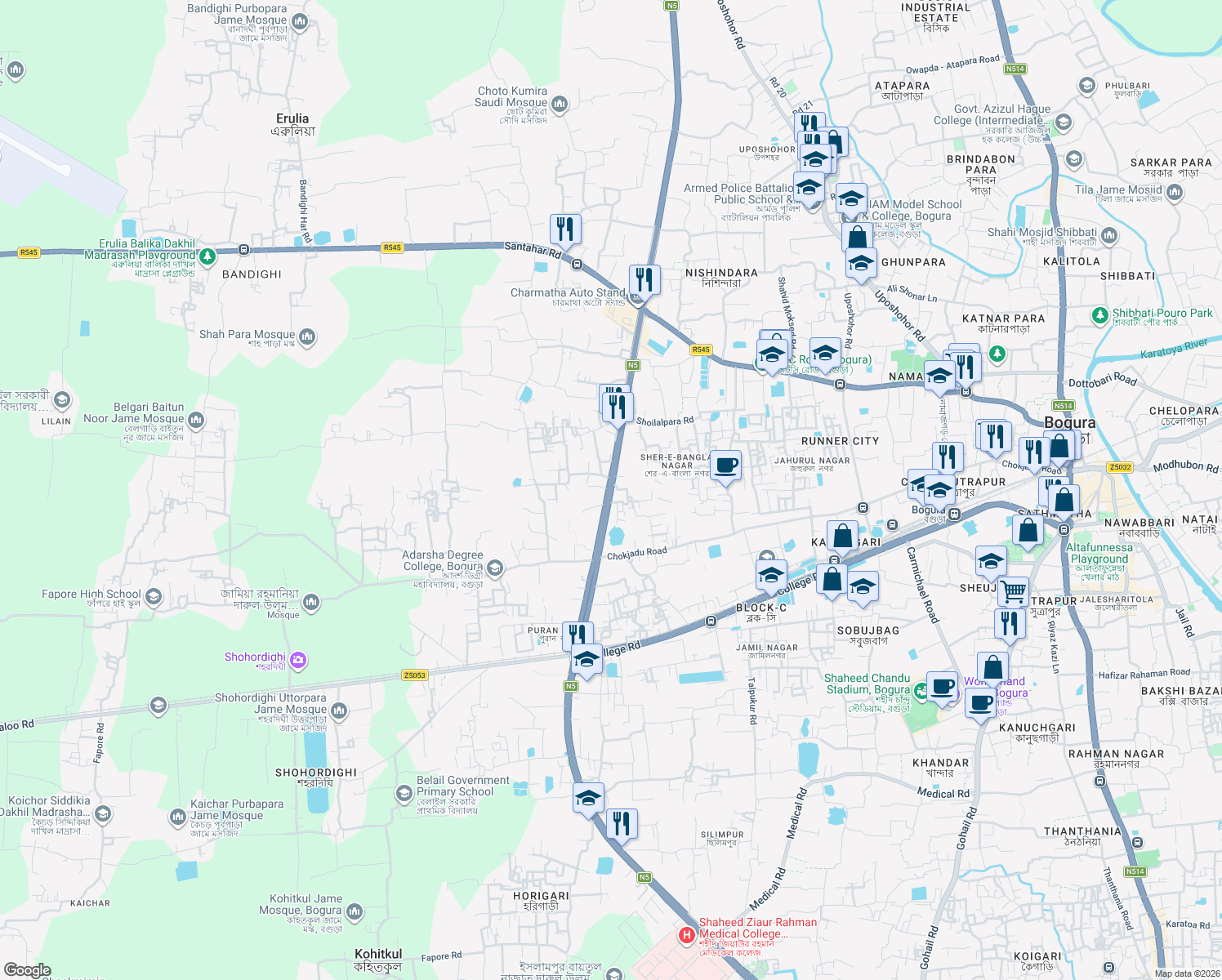 map of restaurants, bars, coffee shops, grocery stores, and more near Bogra City Bypass in Bogra
