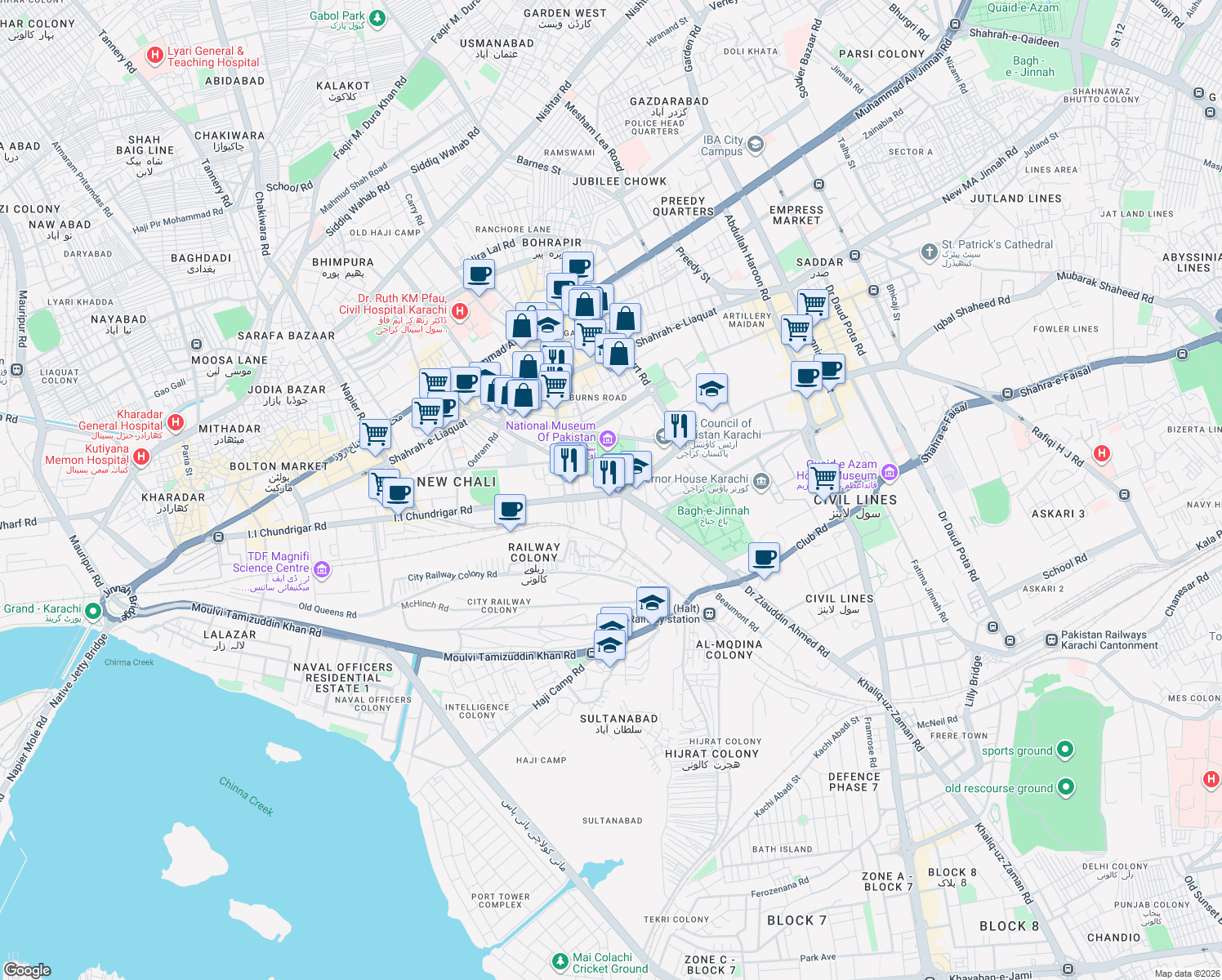map of restaurants, bars, coffee shops, grocery stores, and more near Elander Road in Karachi