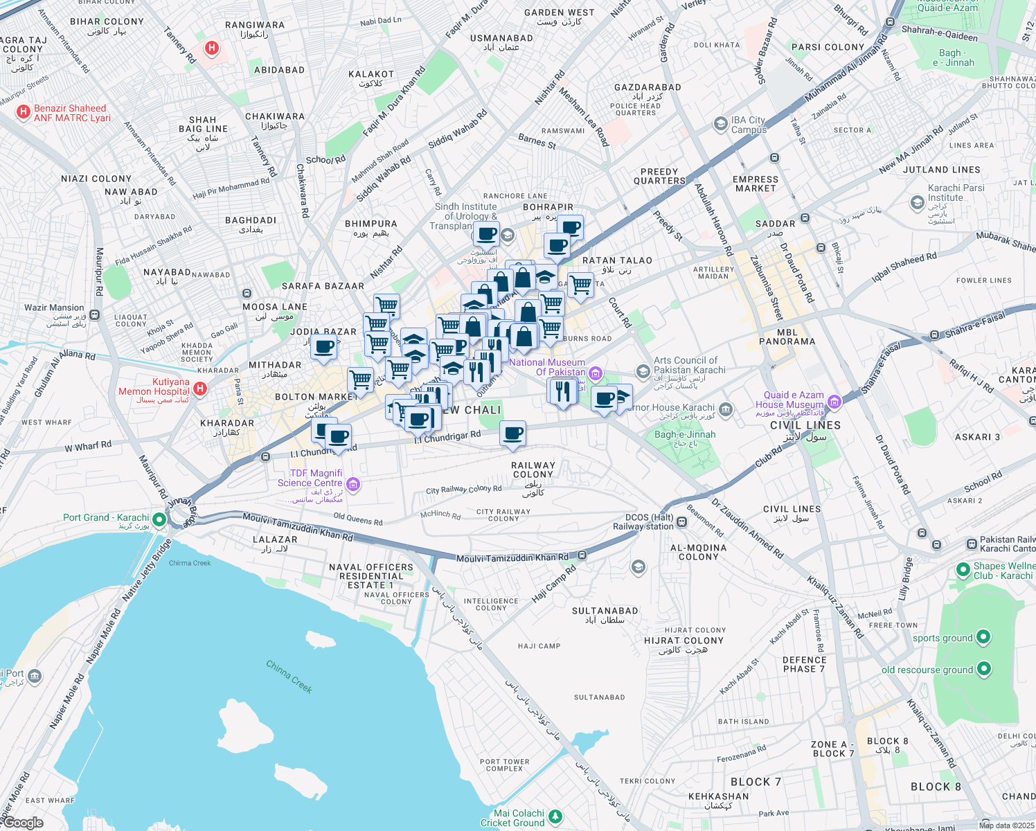 map of restaurants, bars, coffee shops, grocery stores, and more near I.I Chundrigar Road in Karachi