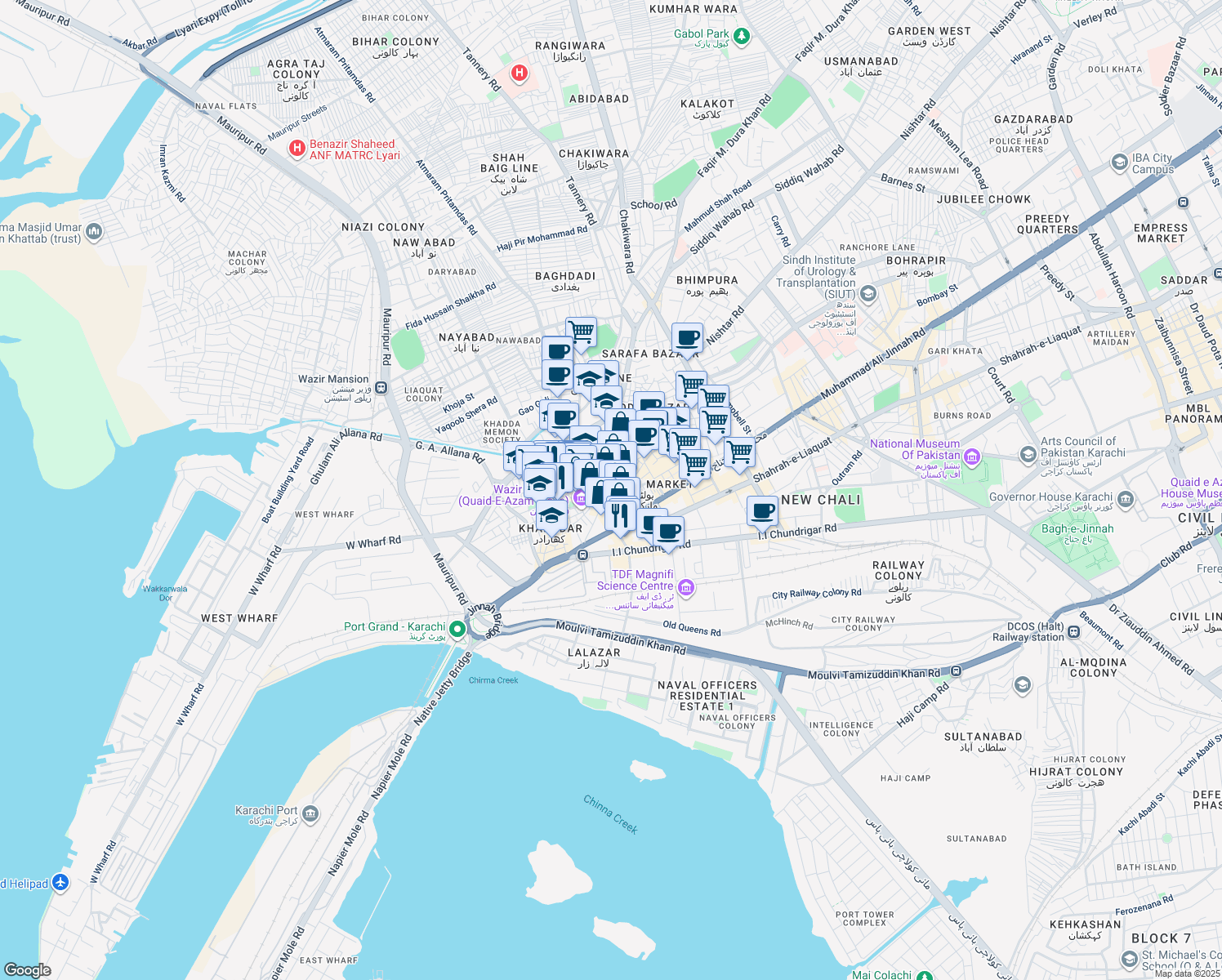 map of restaurants, bars, coffee shops, grocery stores, and more near Adamjee Dawood Street in Karachi