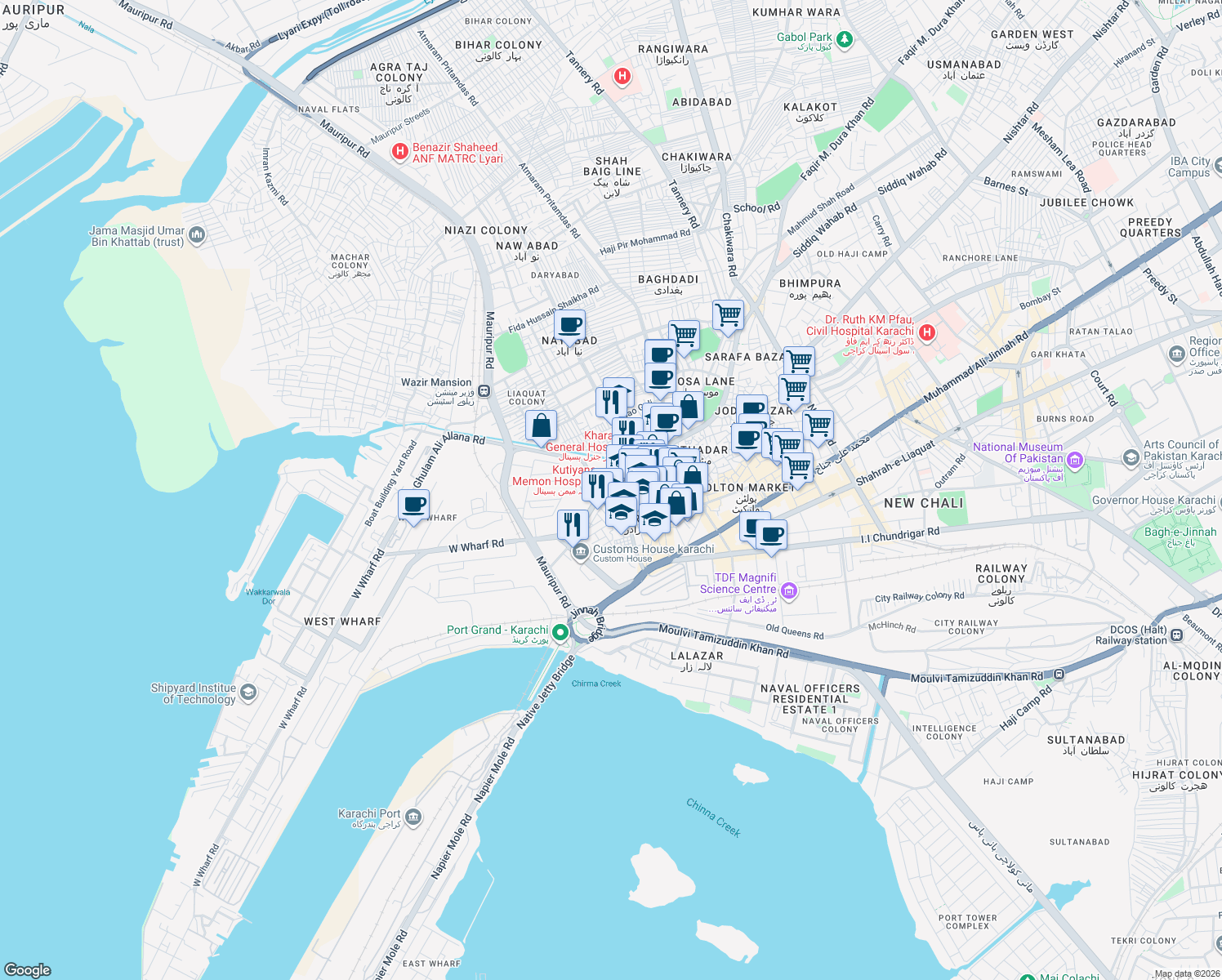 map of restaurants, bars, coffee shops, grocery stores, and more near Nawab Mahabat Khanji Road in Karachi