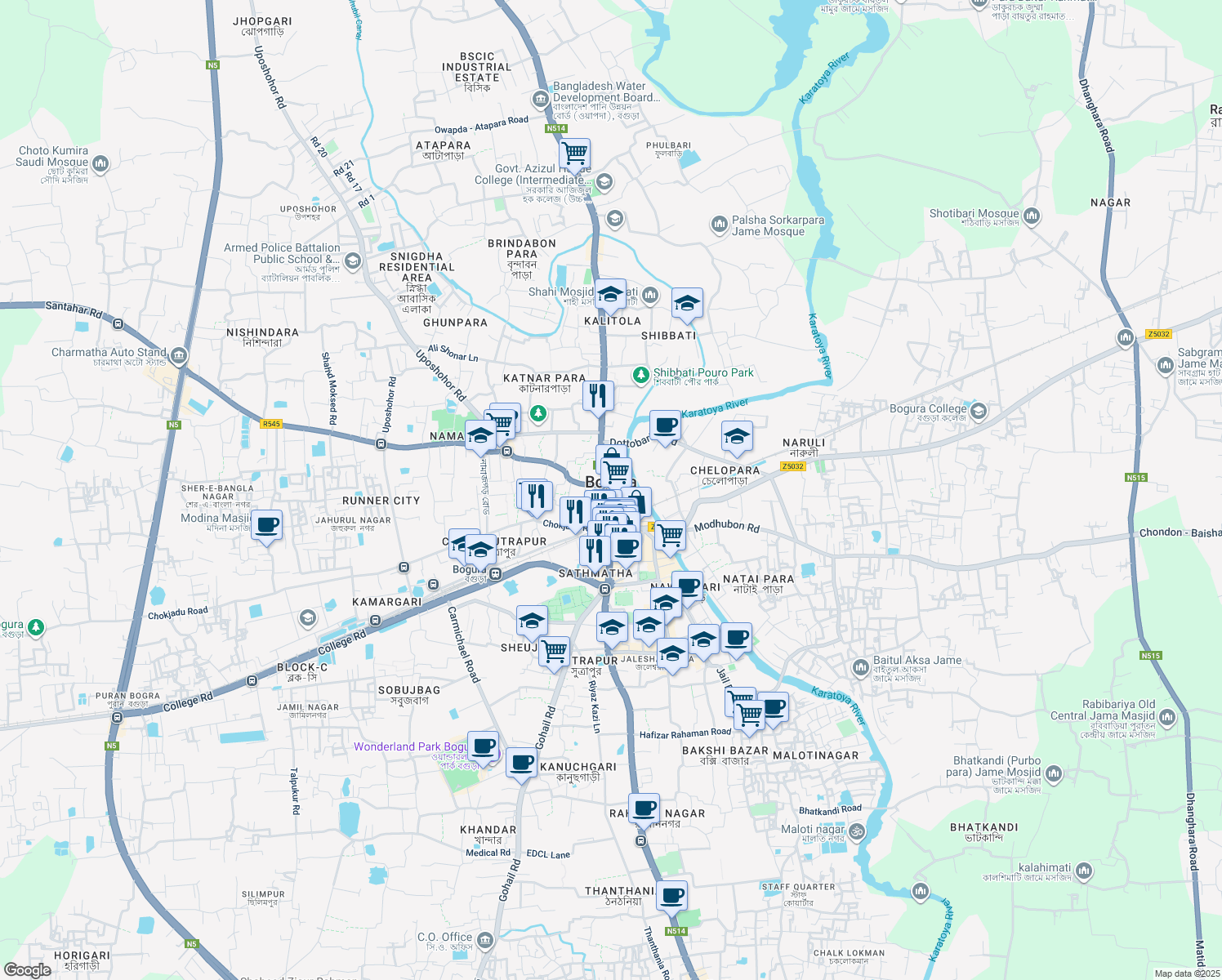 map of restaurants, bars, coffee shops, grocery stores, and more near in Bogra