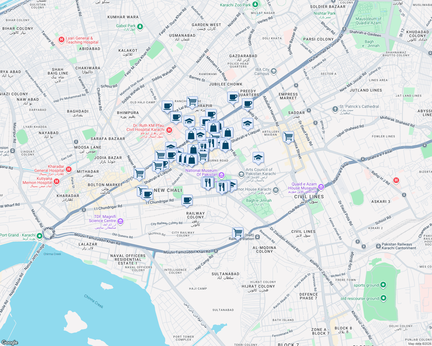 map of restaurants, bars, coffee shops, grocery stores, and more near Strachan Road in Karachi