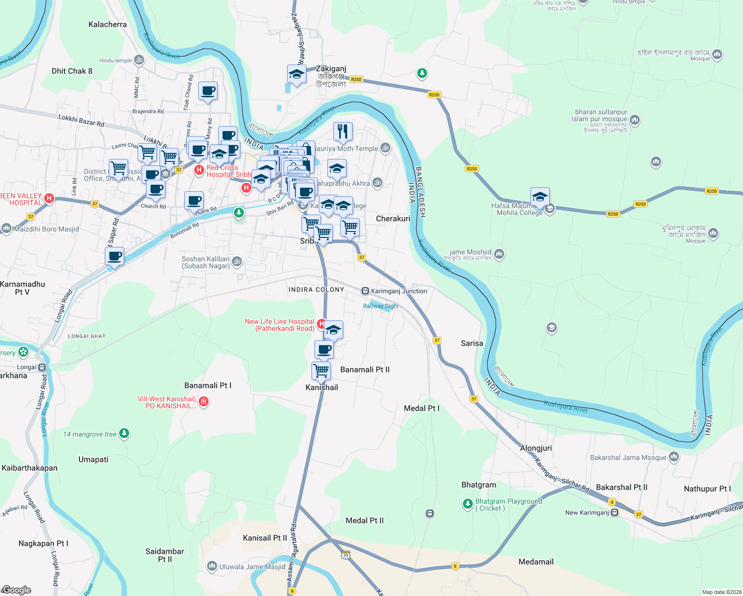 map of restaurants, bars, coffee shops, grocery stores, and more near RAilway colony in Karimganj Town
