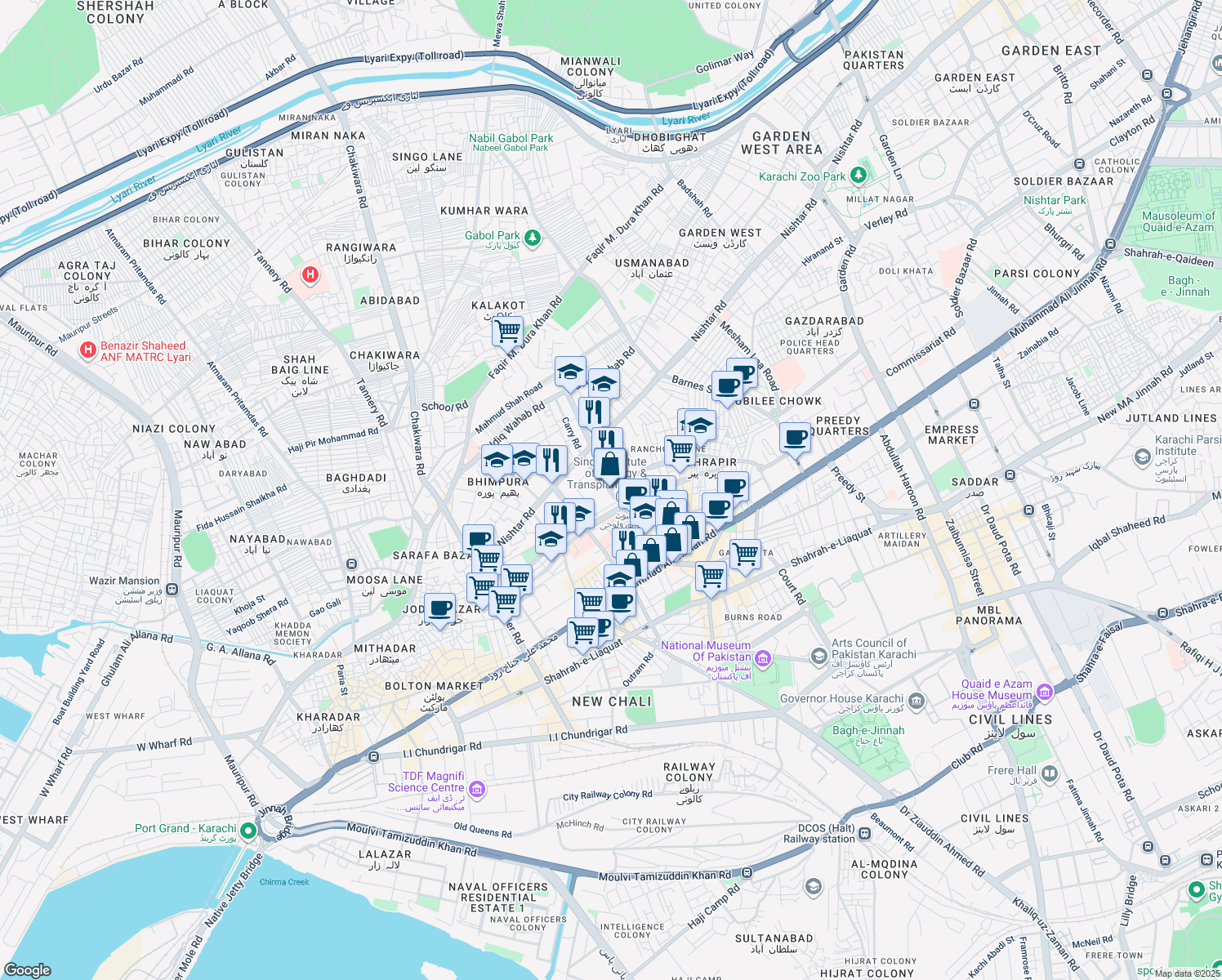 map of restaurants, bars, coffee shops, grocery stores, and more near Imam Bargah to Nazimabad Road Street in Karachi