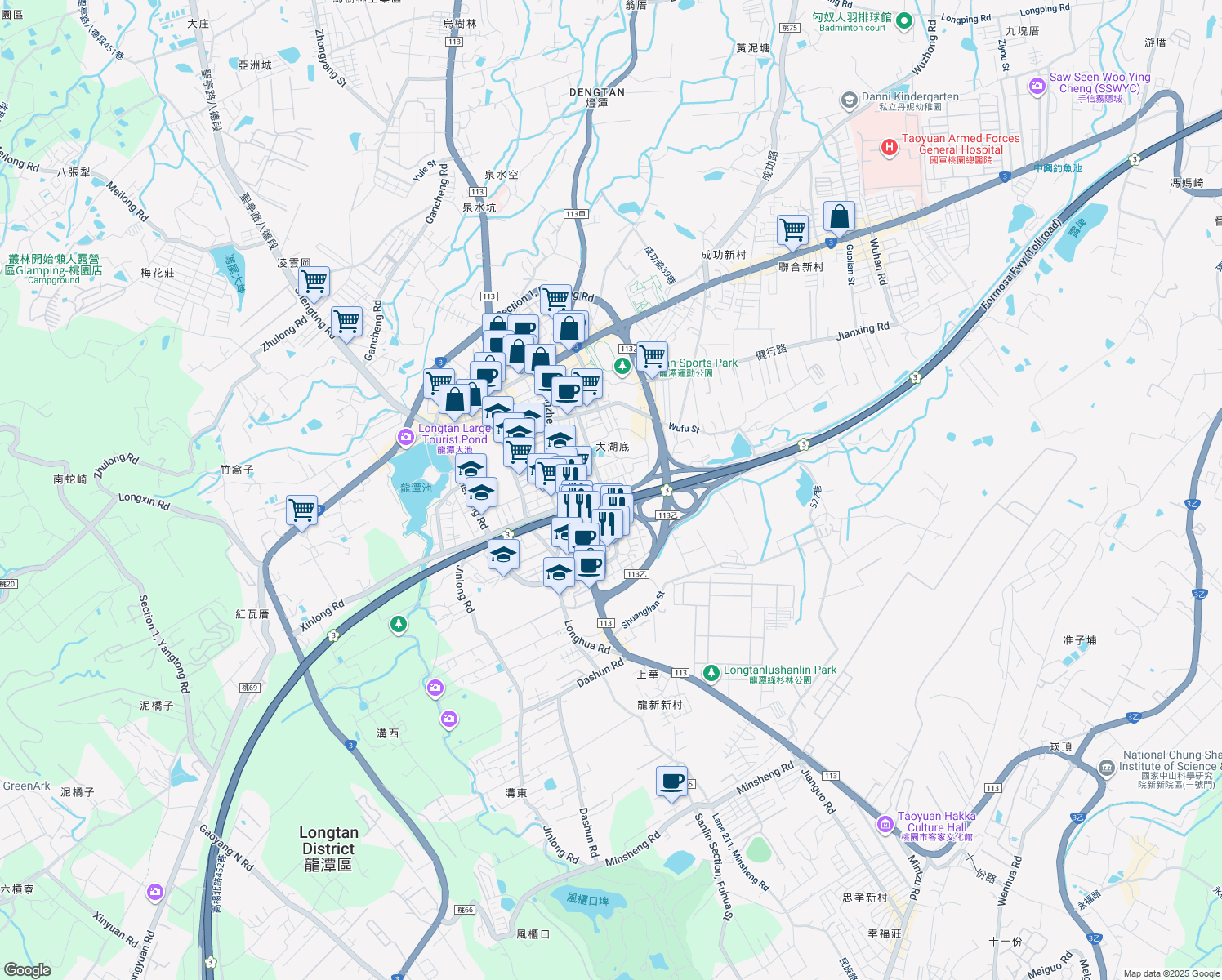 map of restaurants, bars, coffee shops, grocery stores, and more near 77 Guangming Road in Longtan District