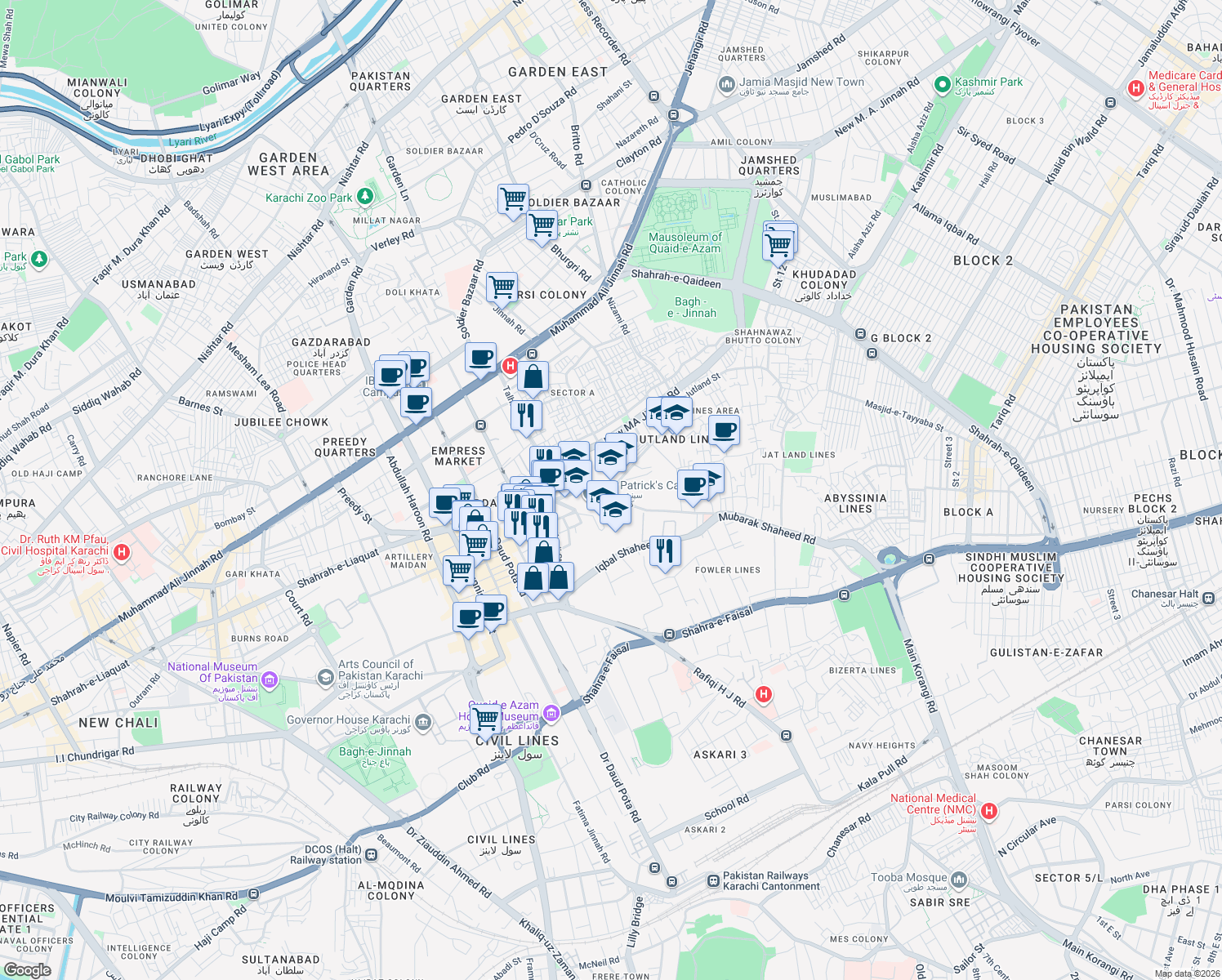 map of restaurants, bars, coffee shops, grocery stores, and more near Abbasi Shaheed Road in Karachi