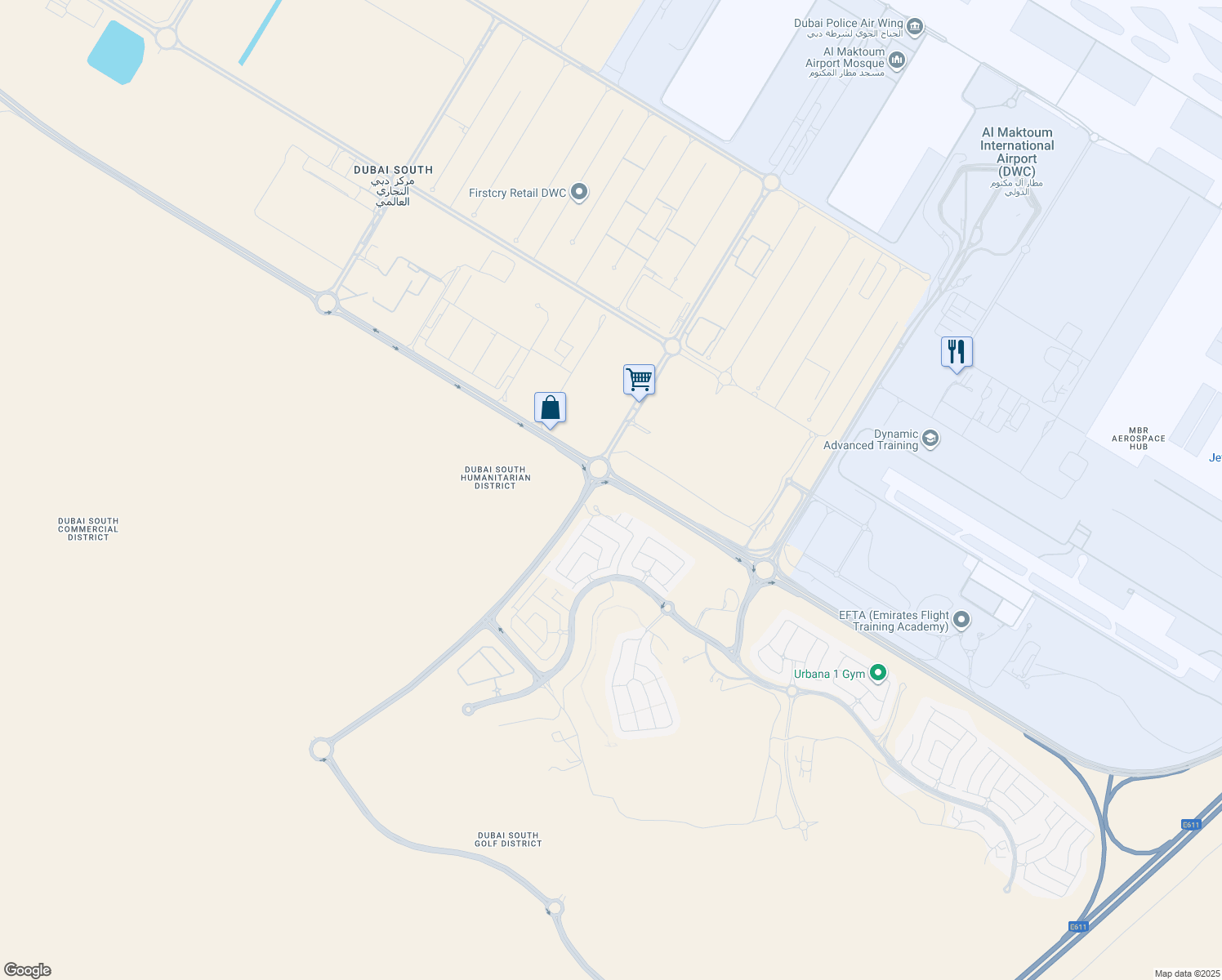 map of restaurants, bars, coffee shops, grocery stores, and more near Unnamed Road in Dubai