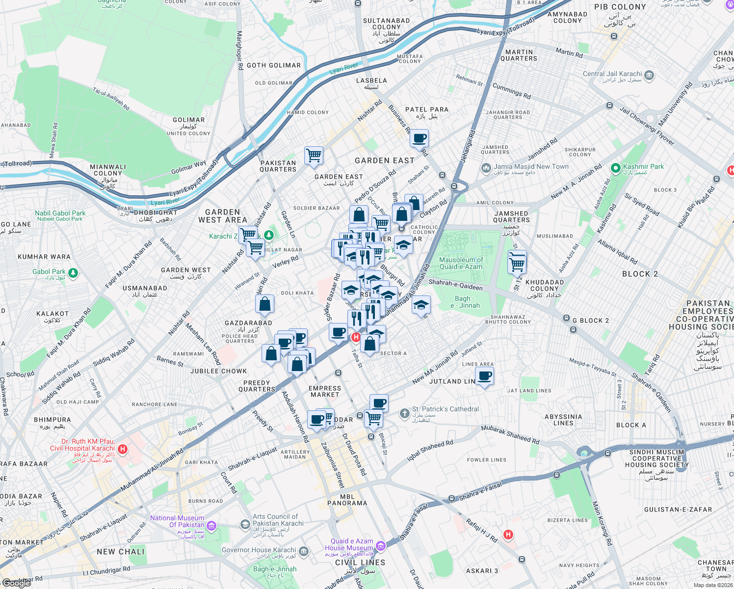 map of restaurants, bars, coffee shops, grocery stores, and more near Madina Road in Karachi