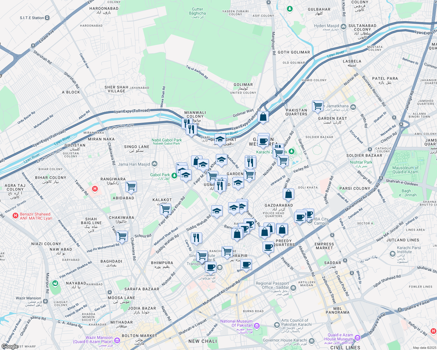 map of restaurants, bars, coffee shops, grocery stores, and more near Gabol Road in Karachi