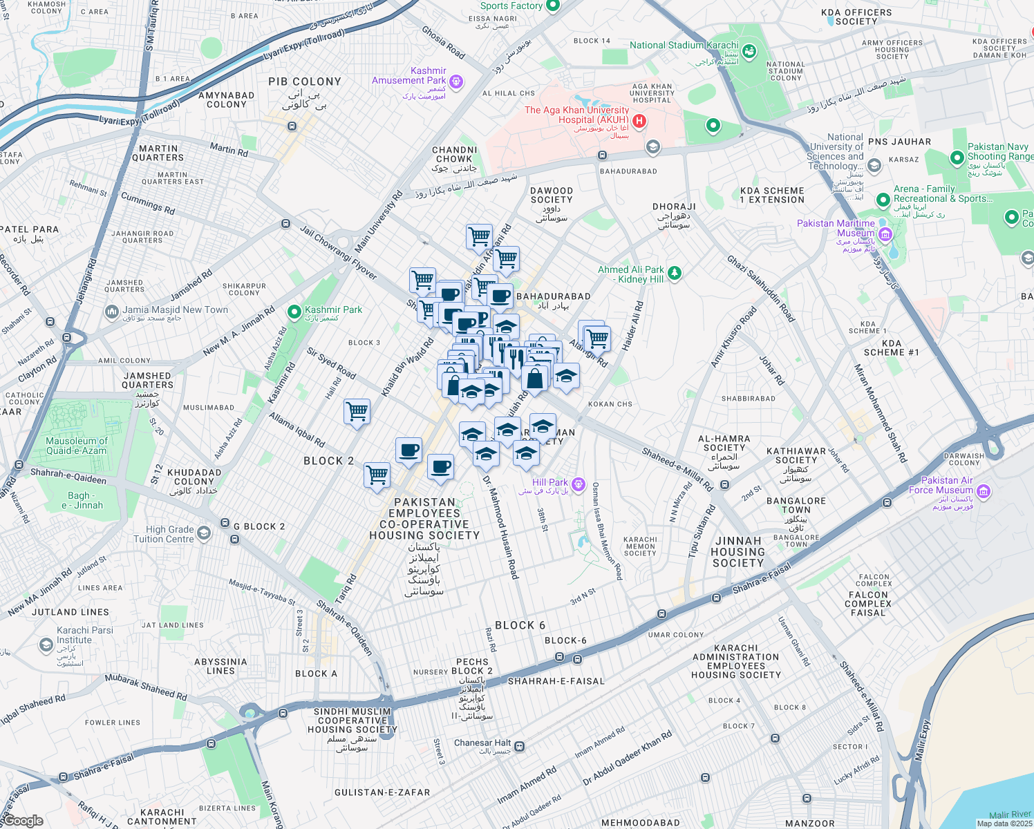 map of restaurants, bars, coffee shops, grocery stores, and more near Siraj-ud-Daula Road in Karachi