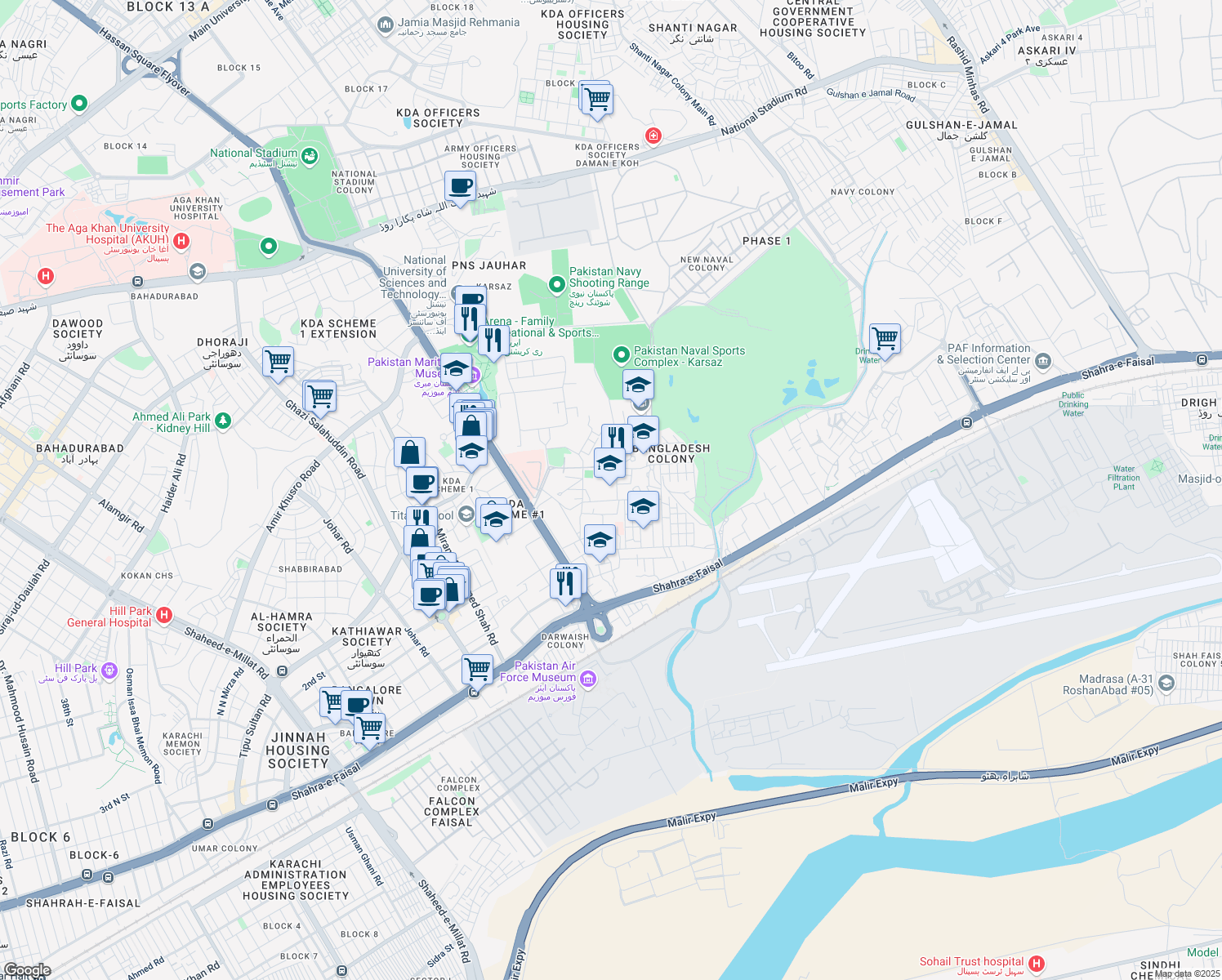 map of restaurants, bars, coffee shops, grocery stores, and more near PNS Karsaz Road in Karachi