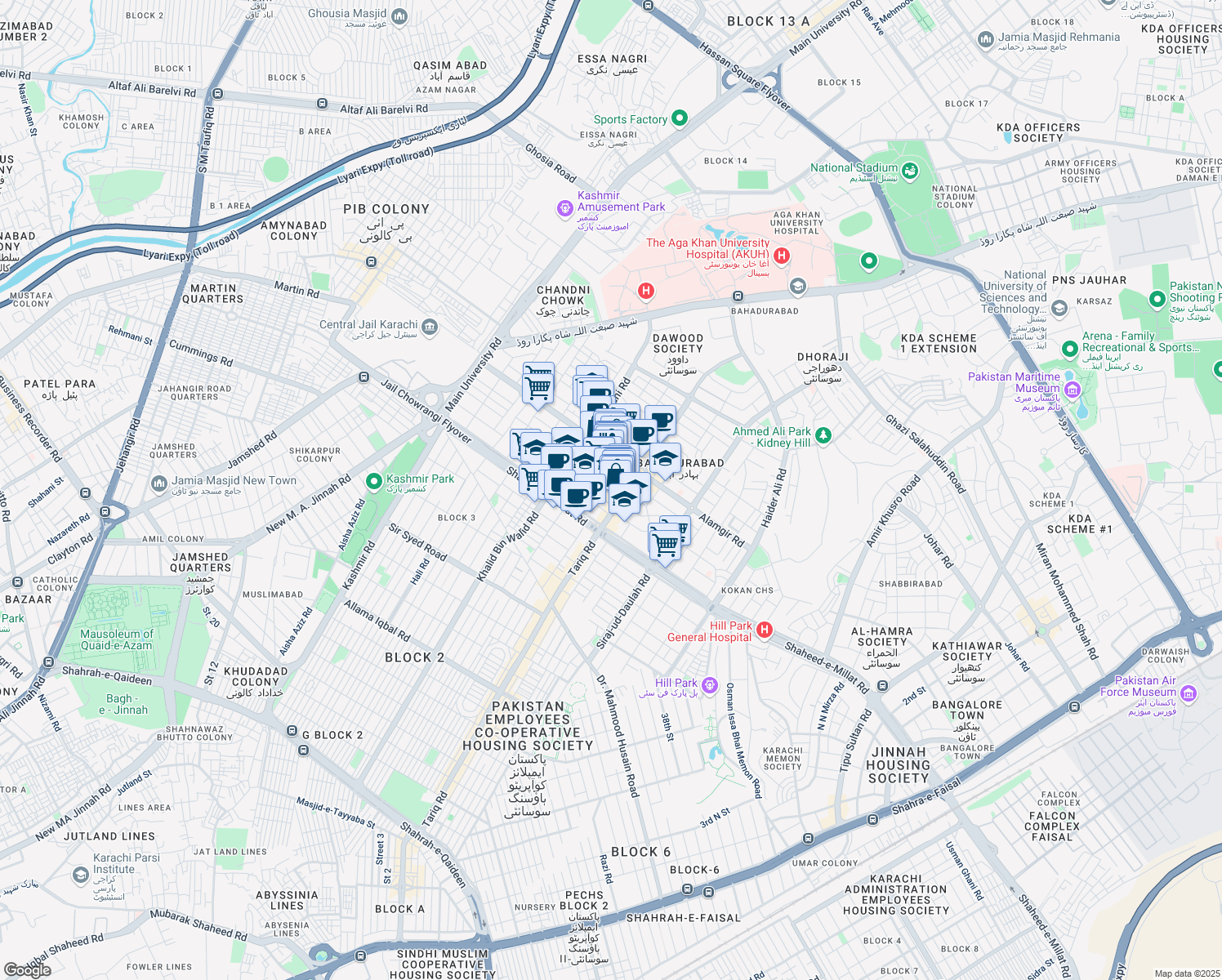map of restaurants, bars, coffee shops, grocery stores, and more near BMCHS Road No. 4 in Karachi