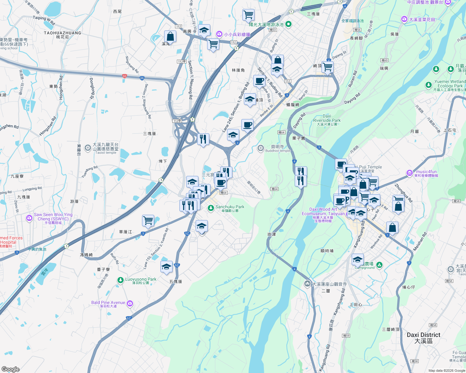 map of restaurants, bars, coffee shops, grocery stores, and more near Lane 20, Zhaiming Street in Daxi District