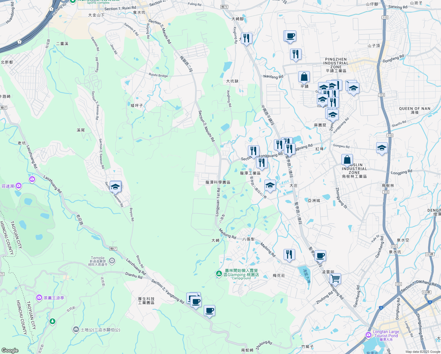 map of restaurants, bars, coffee shops, grocery stores, and more near 99 Longyuan 1st Road in Longtan District