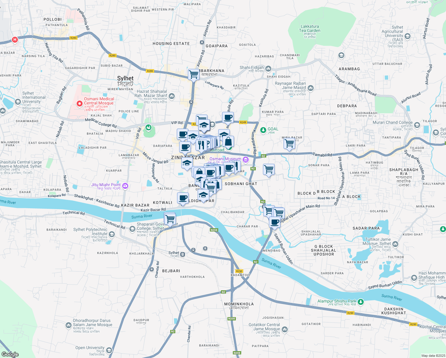 map of restaurants, bars, coffee shops, grocery stores, and more near Bandar Bazar Road in Sylhet