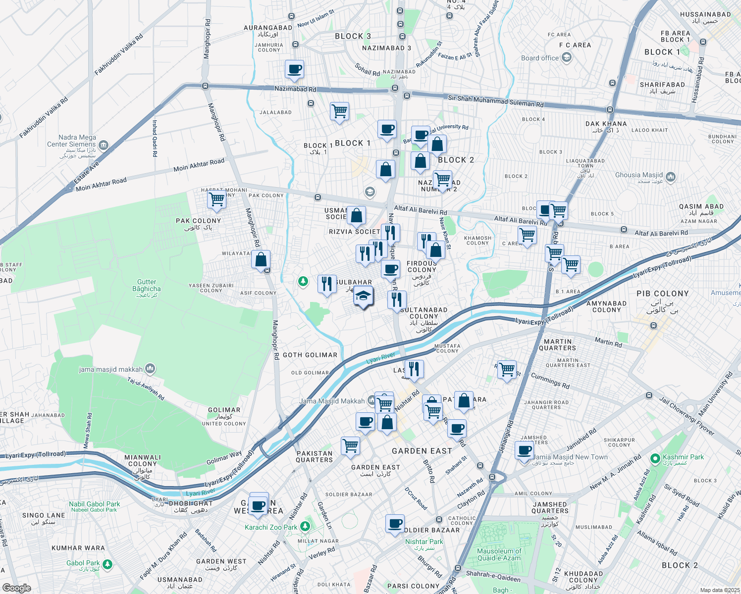 map of restaurants, bars, coffee shops, grocery stores, and more near Imam Bargah to Nazimabad Road Street in Karachi