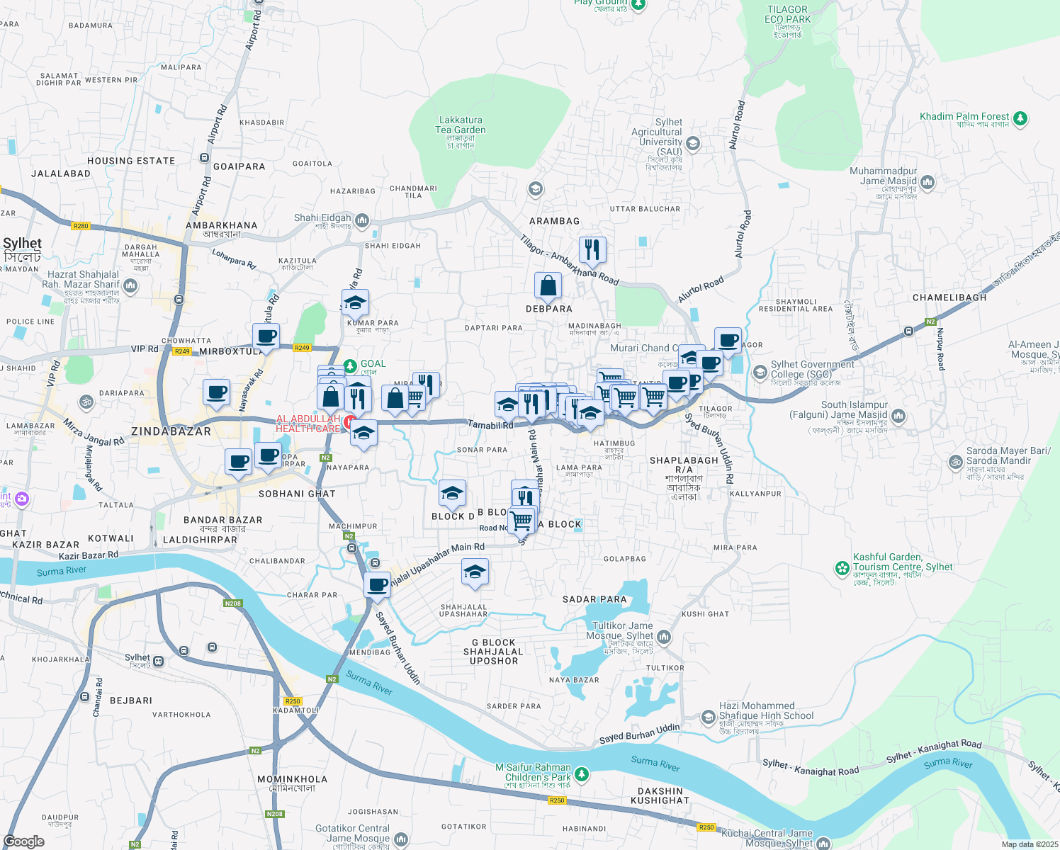 map of restaurants, bars, coffee shops, grocery stores, and more near Mojumdarpara Road in Sylhet