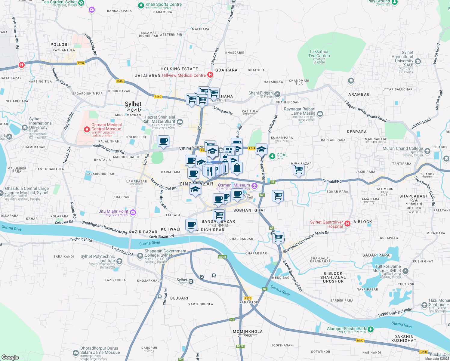 map of restaurants, bars, coffee shops, grocery stores, and more near Jail Road in Sylhet