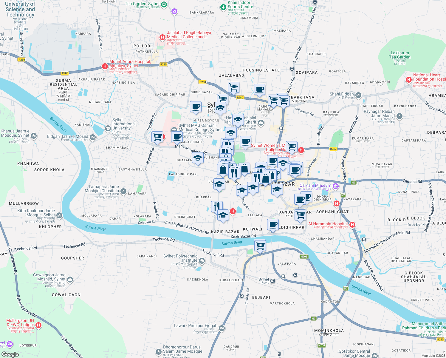 map of restaurants, bars, coffee shops, grocery stores, and more near Lamabazar Road in Sylhet