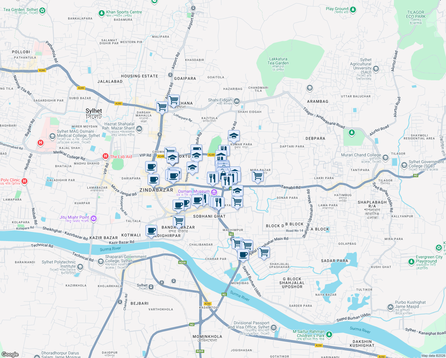 map of restaurants, bars, coffee shops, grocery stores, and more near Kumarpara Road in Sylhet