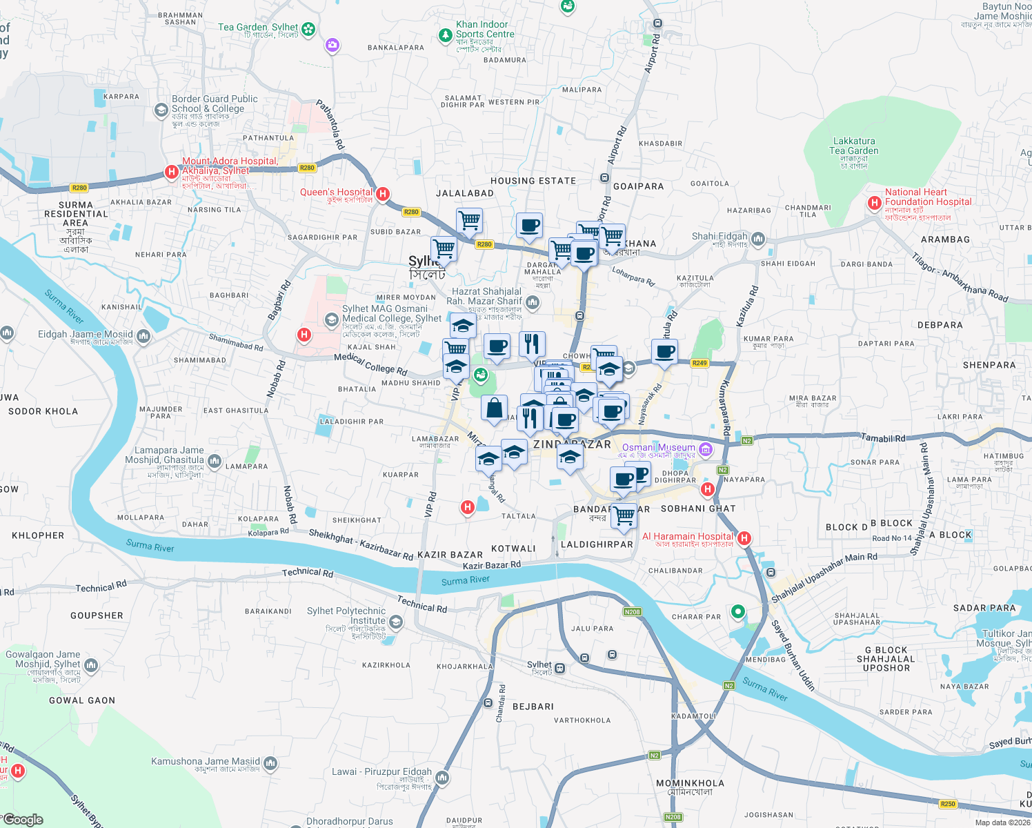 map of restaurants, bars, coffee shops, grocery stores, and more near Dariapara Road in Sylhet