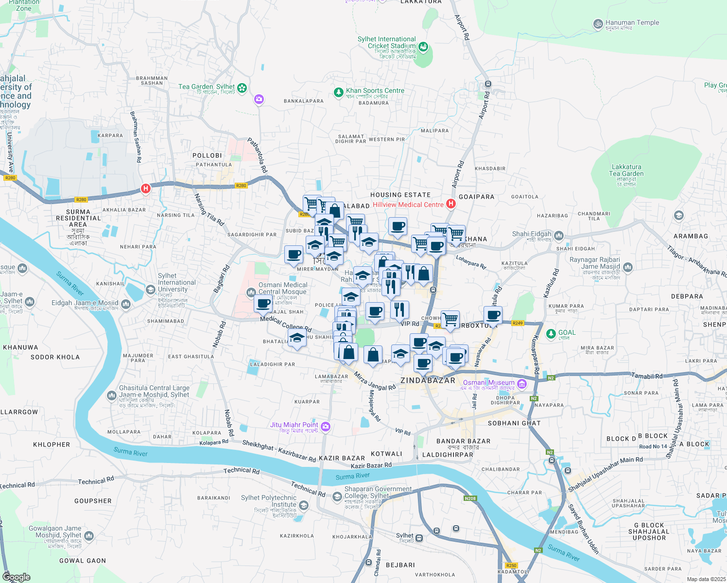 map of restaurants, bars, coffee shops, grocery stores, and more near Police Line Road in Sylhet